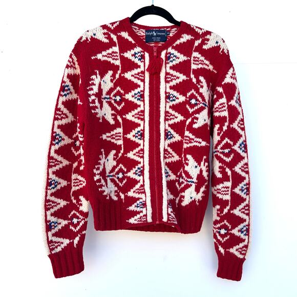 Vintage Ralph Lauren Men’s Hand-Knit Wool Sweater Navajo Red Zip Cardigan Medium - Picture 2 of 8
